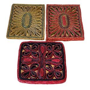 3 Vintage Wicker Rattan Hot Pad Trivets Woven Red Blue Purple Turquoise 6x8"